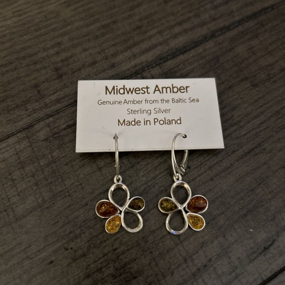 Sterling Silver Genuine Amber Flower Earrings  From The Baltic Sea